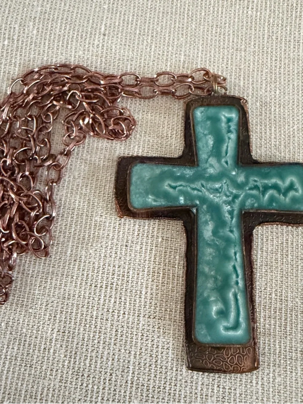 Copper Turquoise Cross Pendant Long Chain Necklace